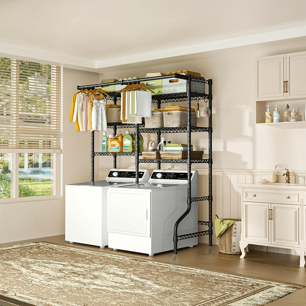 Heavy-Duty 6-Tier Freestanding Laundry Shelf Over Washer Dryer | Extra Wide Storage Organizer | 6 Adjustable Shelves + 2 Hanging Rods | 1200lbs Capacity | 57.8"W X 77.4"H, Black, Standing Shelf