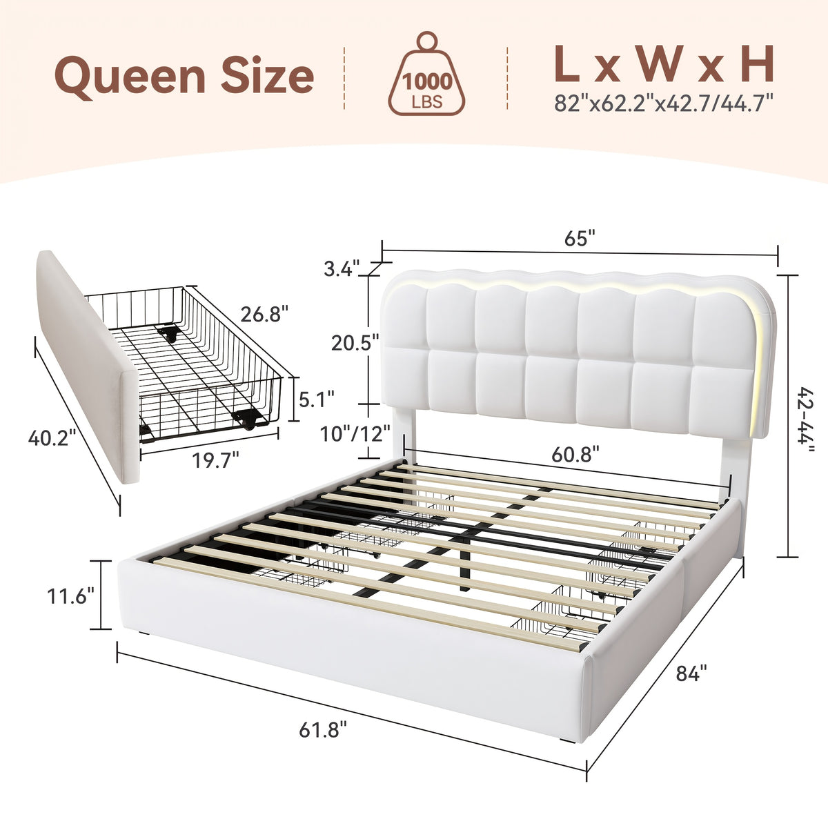 MRAEER Twin/Full/Queen Bed Frame | LED Lighting, 2/4 Storage Drawers, Cloud-Style Soft Headboard, Velvet Modern Platform Bed, Mattress Not Required, Halloween/Christmas Gift, White/Pink/Grey, Hardwood and Metal Construction
