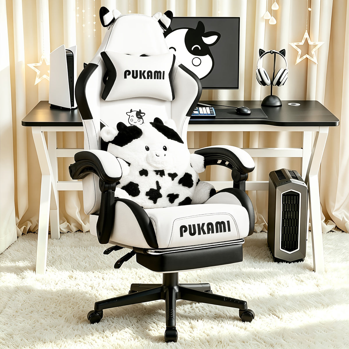 Adorable Pink Gaming Chair Featuring Cat Ears And a Paw-Shaped Lumbar Cushion, Designed Ergonomically For, Complete with a Footrest And Headrest, Providing a Cozy Reclining Experience for Both Adults And Teens