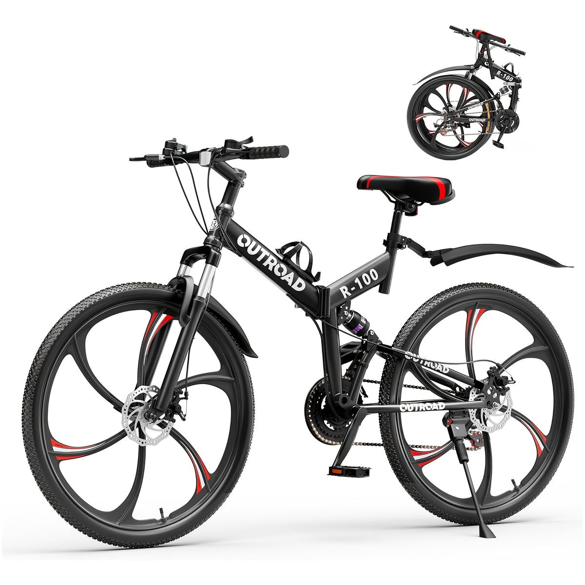 26 Inch Mountain Bike, 21 Speeds Full Suspension Folding Bikes, Dual Disc Brake, High Carbon Steel Frame And Non-Slip Quick Release Tire Bicycle for Adult