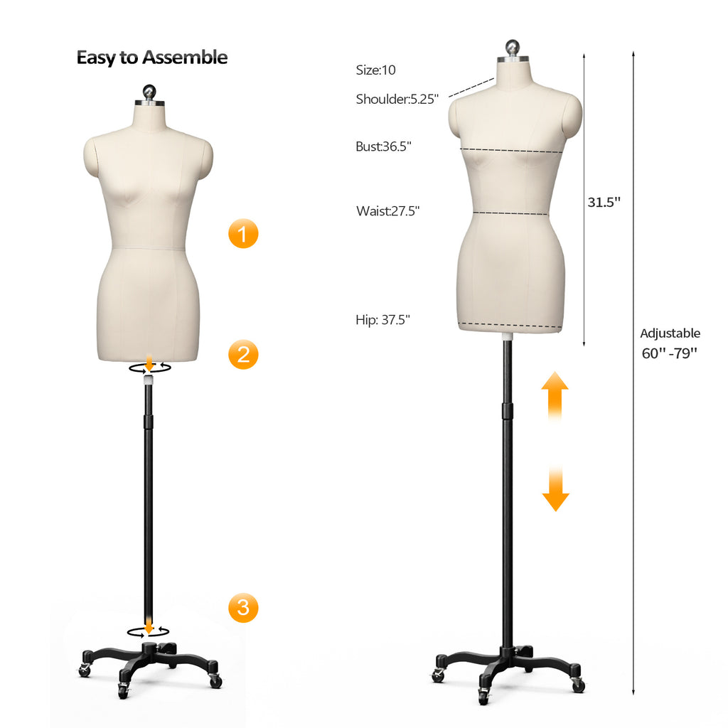 Bonnlo Female Sewing Mannequin, Size 6 Professional Dress Form for Display and Tailor Design, Height Adjustable Torso with Stable Metal Base
