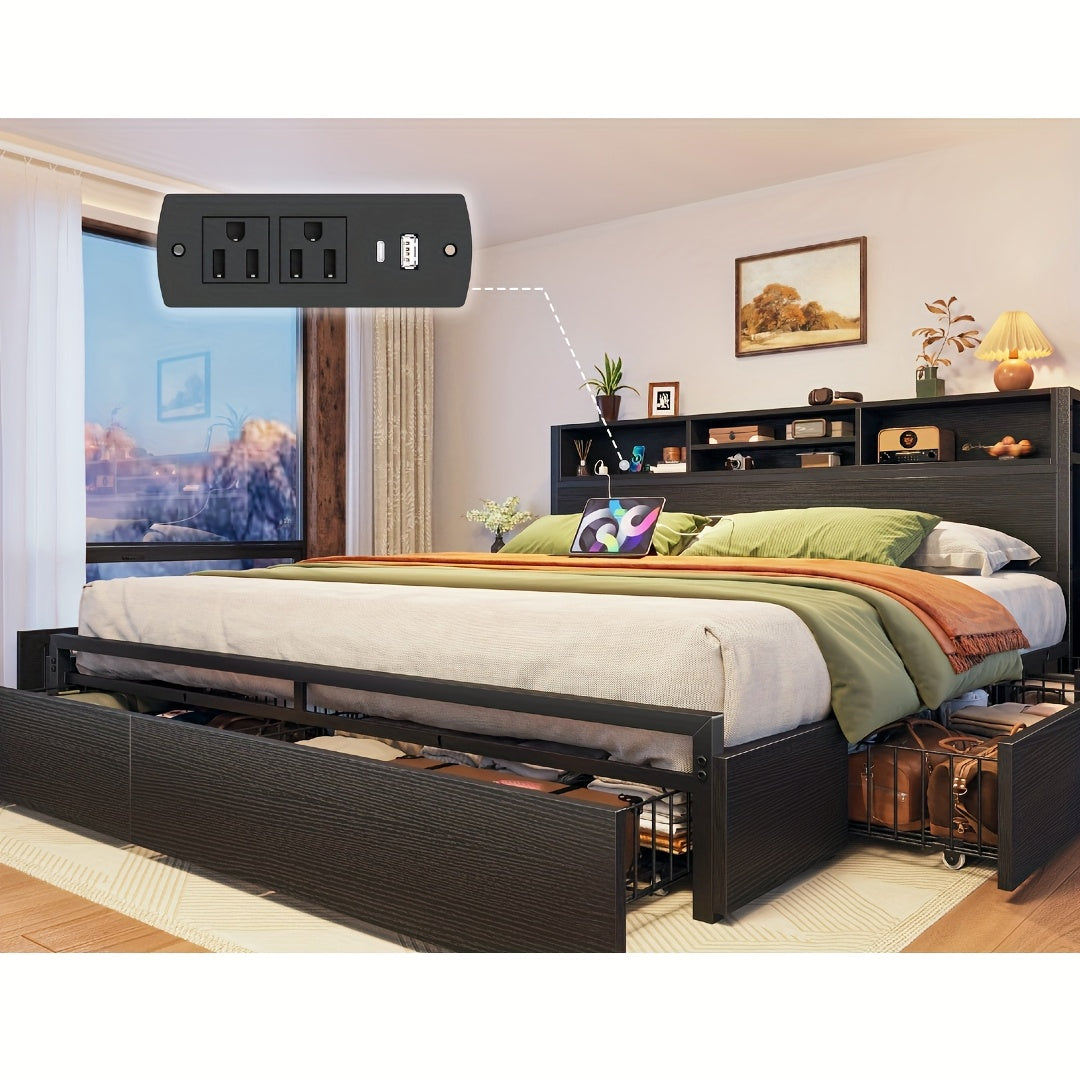 Queen/King Size Bed Frame with 6 Storage Large Drawers Forbedroom, Modern Bed Frame And Open Storage Headboard with Fast Charging Station, No Noise, No Box Springs Needed, Black, Easy Assembly, 2pcs Nightstand with 4 Fabric Drawer Sold Separately