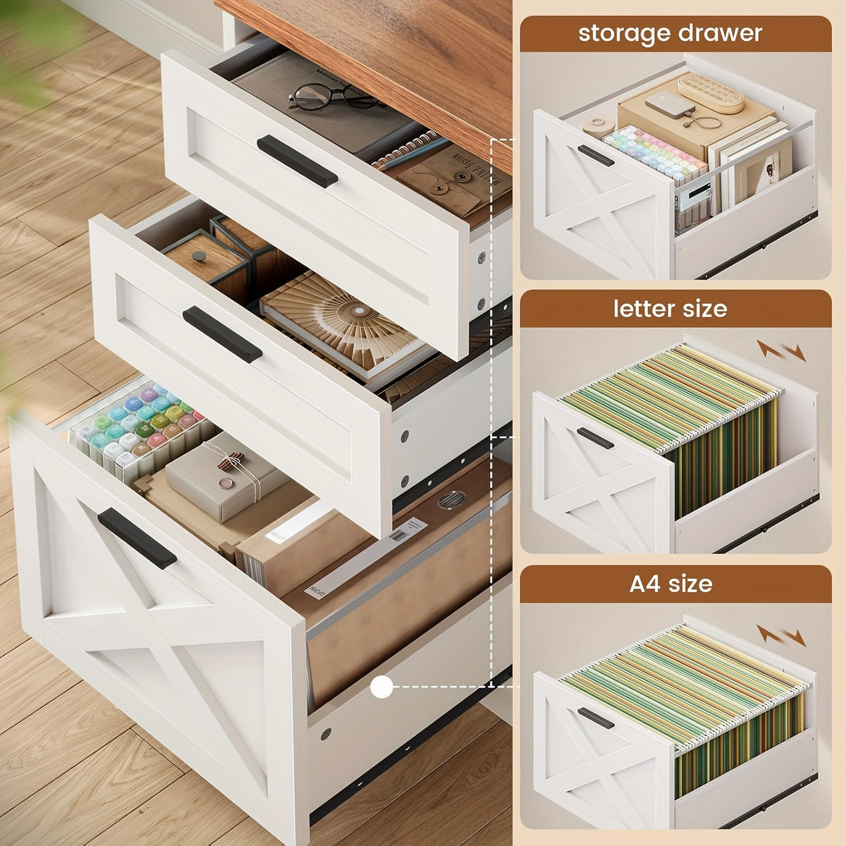 Farmhouse L-Shaped Desk with Storage, Large Computer Desk with Power Outlets, Home Office Desk with Drawers And Open Shelves, Corner Wood Desk, White And Brown Top