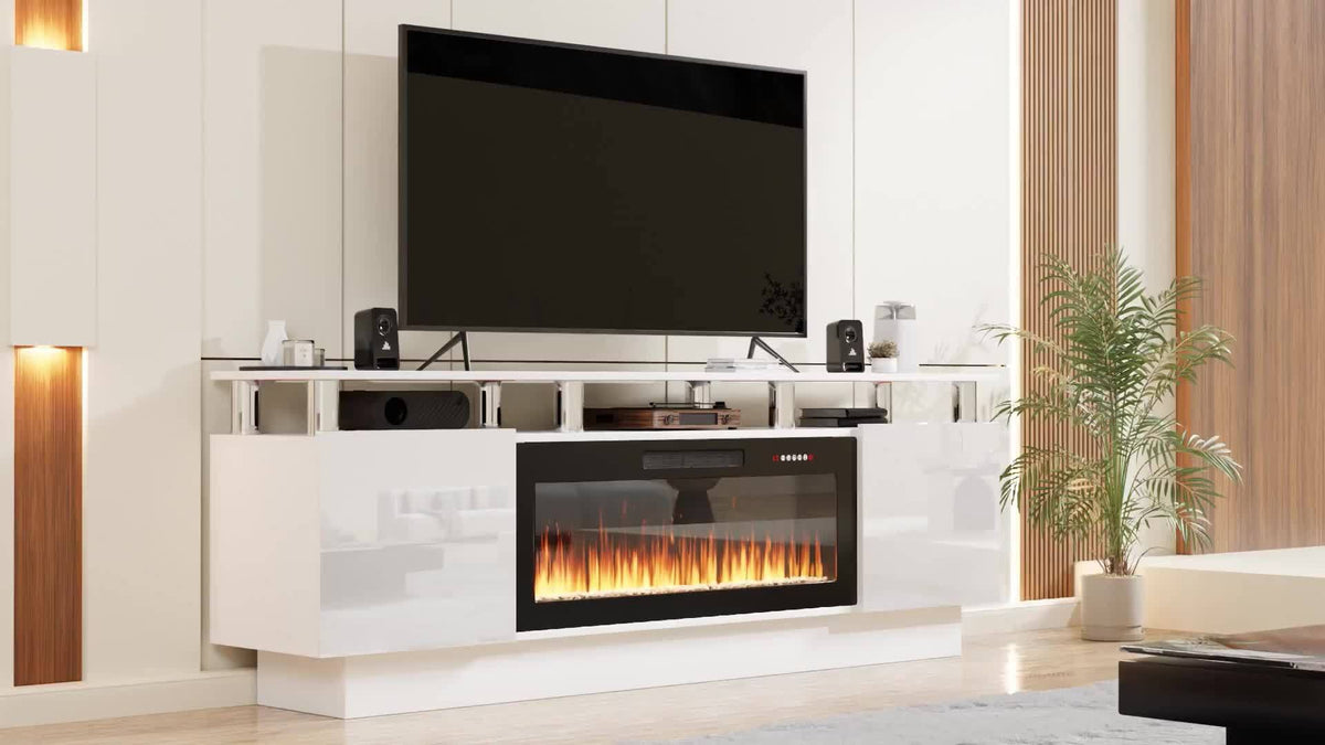70-Inch Contemporary TV Stand Featuring a 36-Inch Electric Fireplace, Designed As an Entertainment for Televisions Up to 80 Inches, with Modern Wooden Media Storage Cabinets Suitable for The Living Room