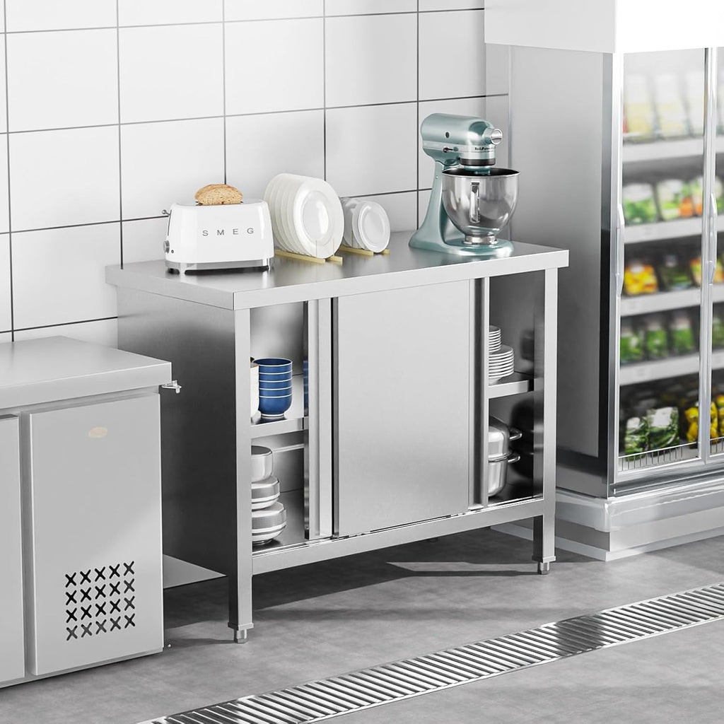 MEFEIR Commercial Stainless Steel Prep Table - 35"x28" Heavy Duty Kitchen Work Table w/ 2 Sliding Door Cabinet & Backsplash, Large Storage for Restaurant Food Prep