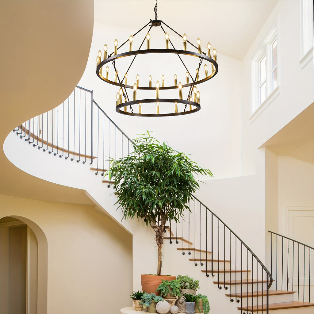 [Modern Farmhouse Chandelier] Modern Farmhouse Chandelier 2 Tier Round Wheel Chandelier Large High Ceiling Light