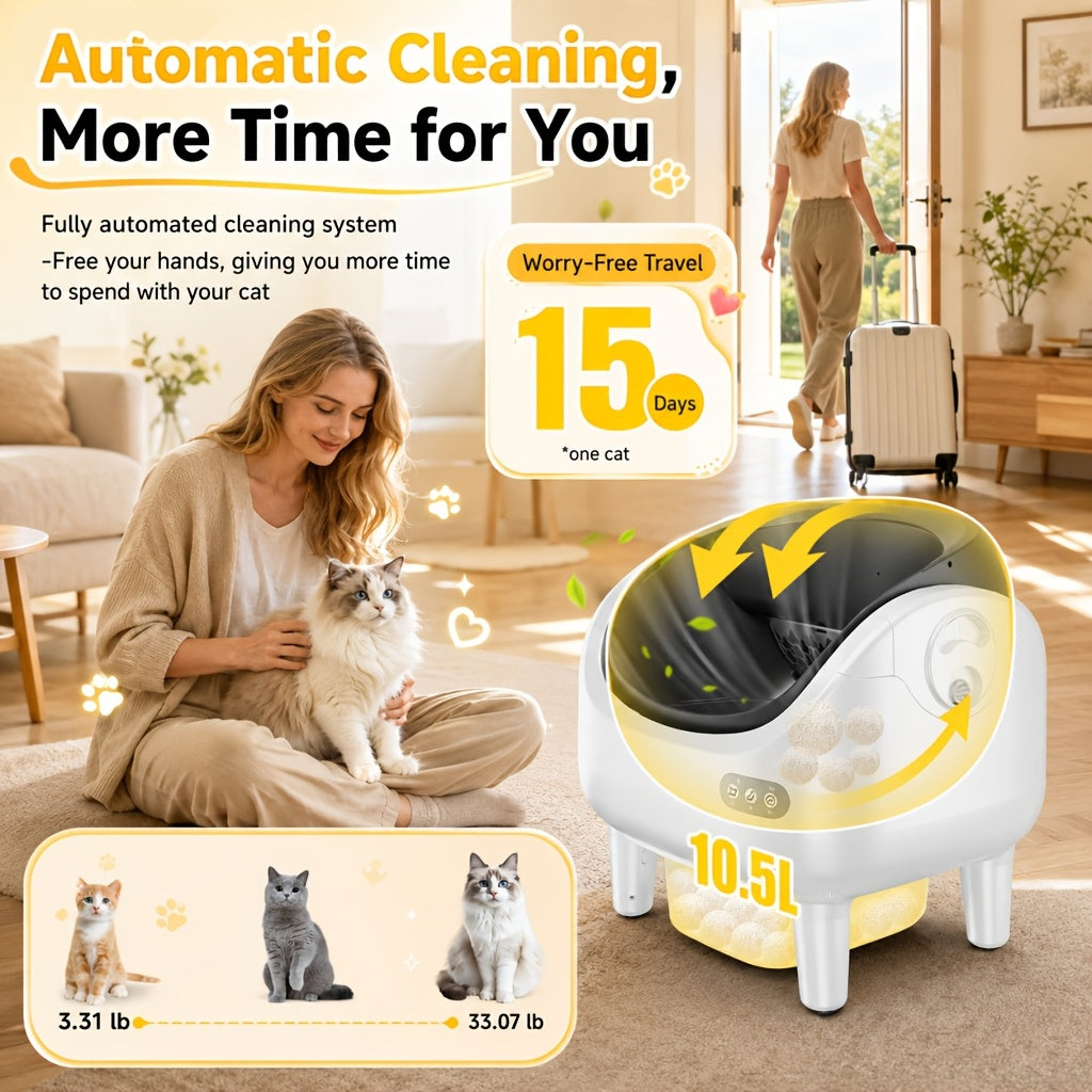 [Self-Cleaning Litter Box] Extra-Large Smart Self-Cleaning Litter Box with Built-In Sterilizing Light for Double Deodorization, Large-Capacity Waste Tray, 14-Day Automatic Cleaning, Open Design, Ideal Choice for Busy Households, Without Battery