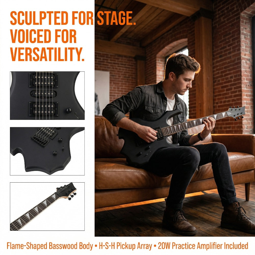 39 Inch Full-Size Matte Black Flame Electric Guitar Starter Kit with H-S-H Pickups, Techwood Fingerboard & Built-in Amp Suitable for Practice, Recording, Performances - Complete Guitar System for Beginners
