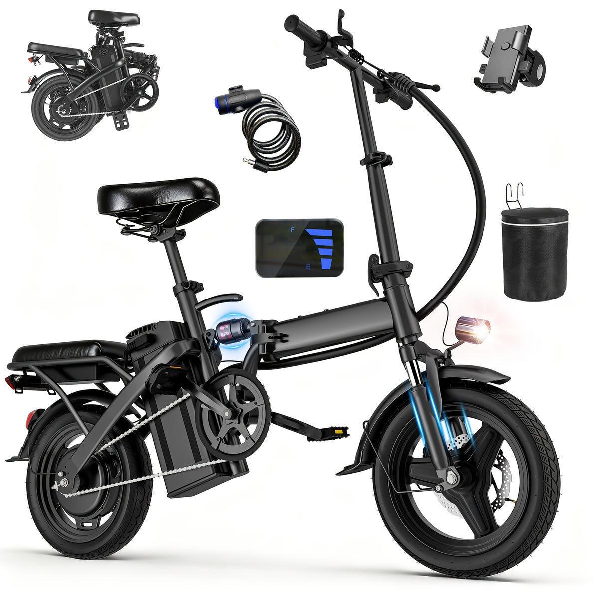 Adult and Youth Electric Bicycle, 560W Motor, 20-24MPH Compact Commuter Folding E-Bike, 32-Mile Range, 48V 10Ah Battery, 3-Speed Pedal Assist, 14-Inch Folding Electric Bicycle, Women's E-Bike