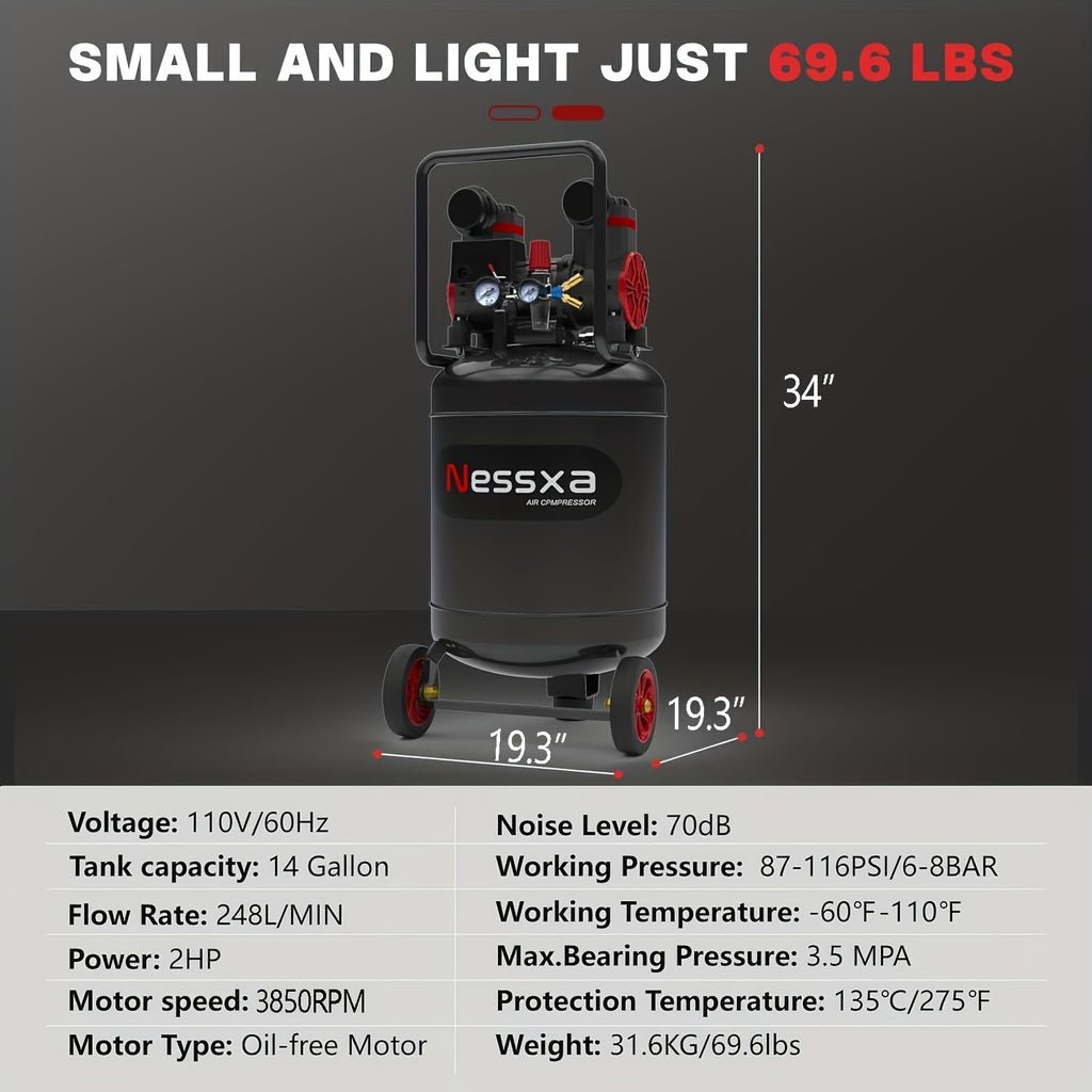 8/10/14 Gallon Ultra Quiet Air Compressor, 116PSI Oil-Free Air Compressor Tank, 110V/60Hz, 70dB Air Compressor for Car Repair, Spray Painting, Woodwork Nailing