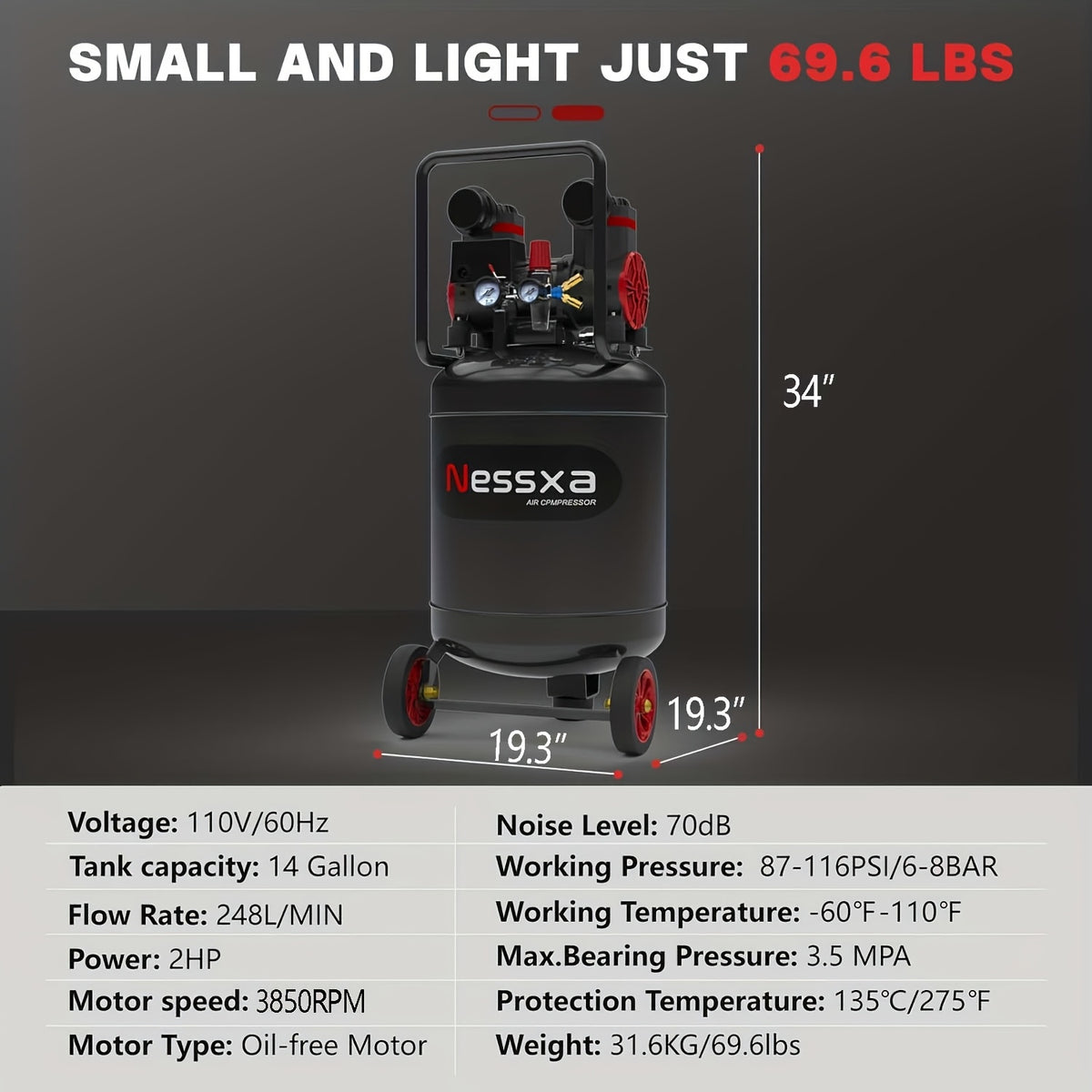 8/10/14 Gallon Ultra Quiet Air Compressor, 116PSI Oil-Free Air Compressor Tank, 110V/60Hz, 70dB Air Compressor for Car Repair, Spray Painting, Woodwork Nailing