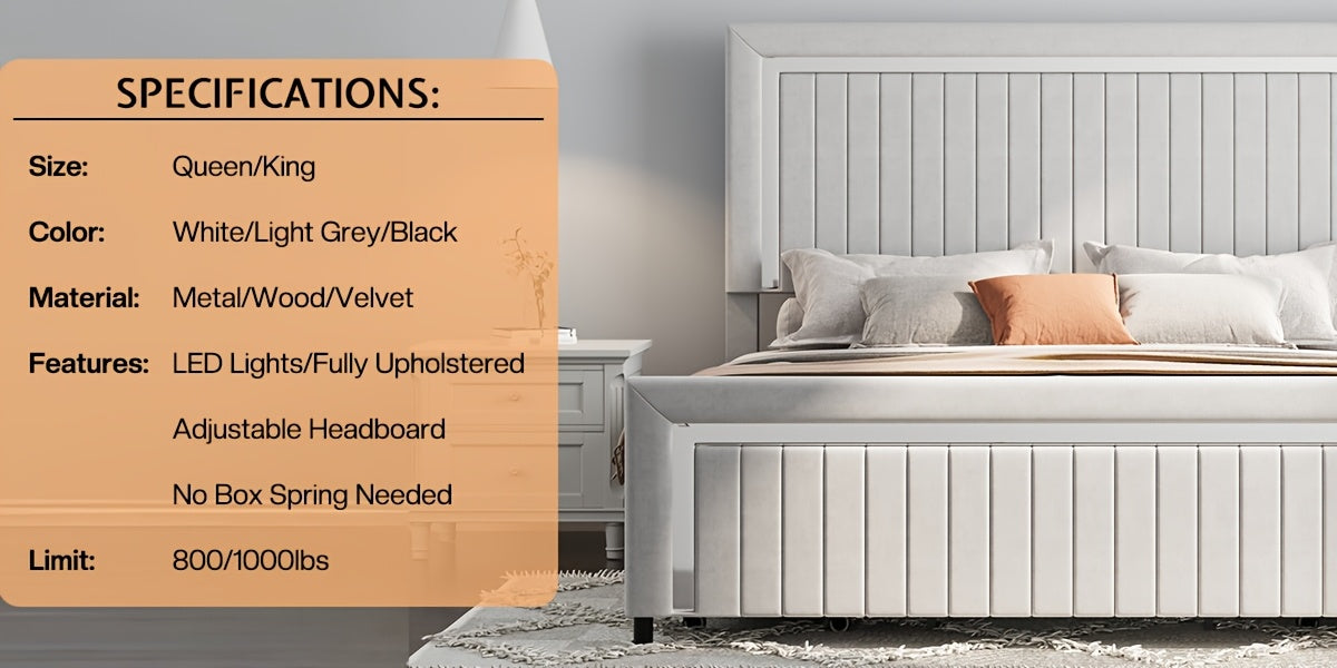 LUXOAK Queen Size LED Platform Bed Frame With Upholstered Design, Featuring 4 Storage Drawers, Vertically Channeled Adjustable Headboard, Box Spring Not Required