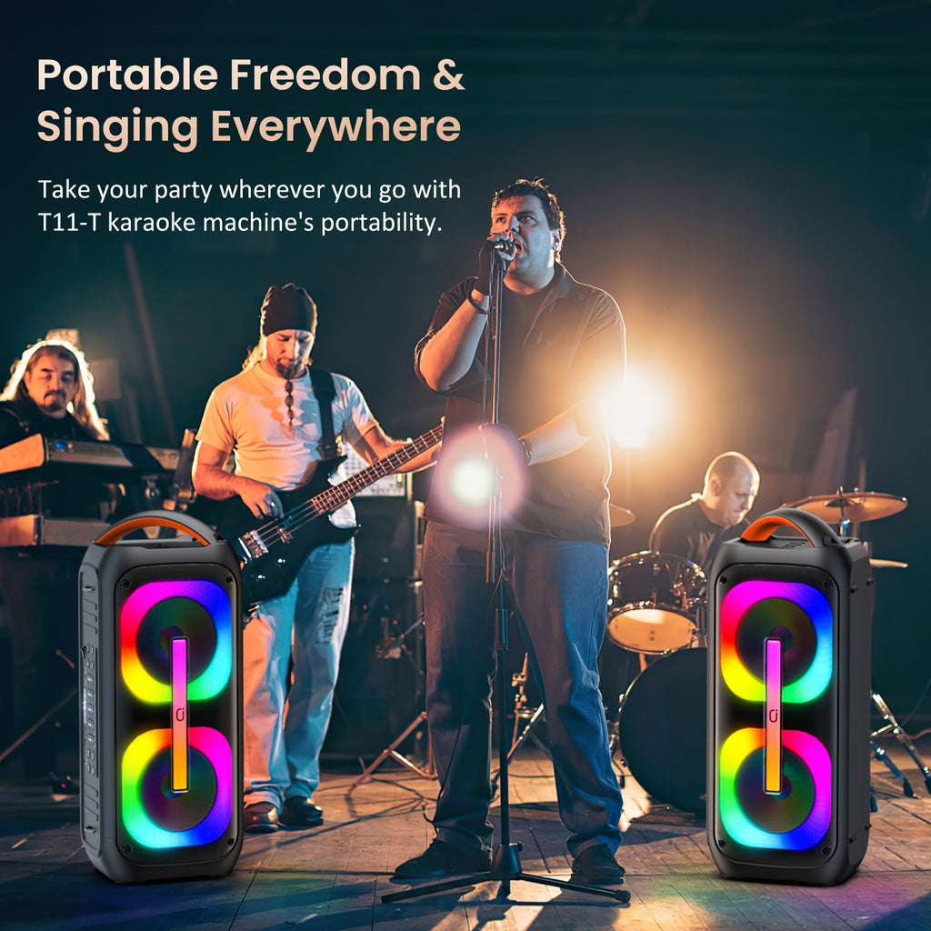 Large Karaoke Machine, Karaoke Speaker with 2 Wireless Microphones, Portable Speaker with Beat Light Show, Singing Machine Karaoke Home Speaker System with MIC Reverb, AUX Input, T11-T