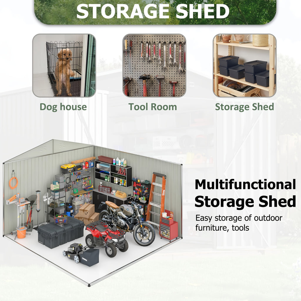 Outdoor Storage Shed, Metal Shed with Updated Frame Structure And Lockable Doors, Large Shed Upgrade Height Ideal for Garden, Backyard, Patio Utility And Tool Storage