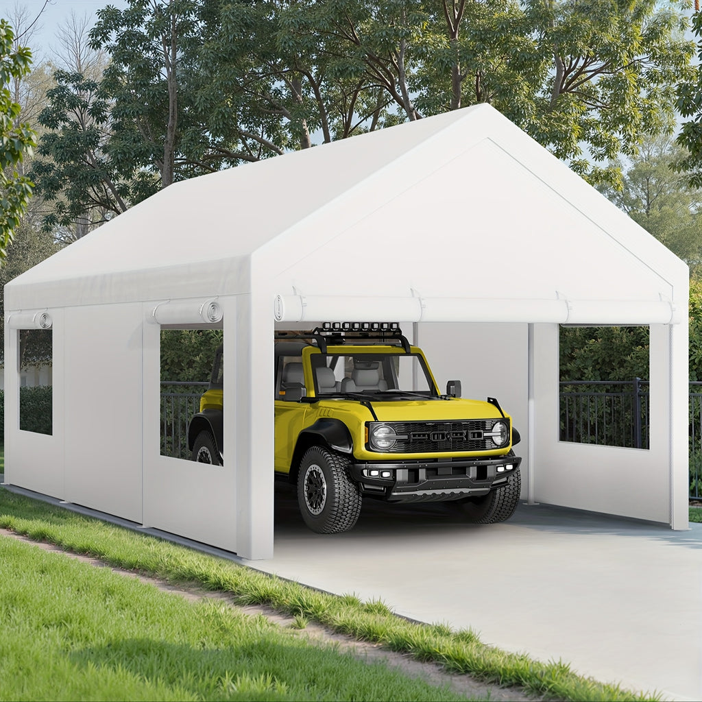 JAMFLY Sturdy Carport Featuring Roll-Up Ventilated Windows, Outdoor Canopy, Portable Garage Gazebo Equipped with Detachable Sidewalls & Doors for Vehicles, Truck, Boat, All-Season Tarp Car Canopy