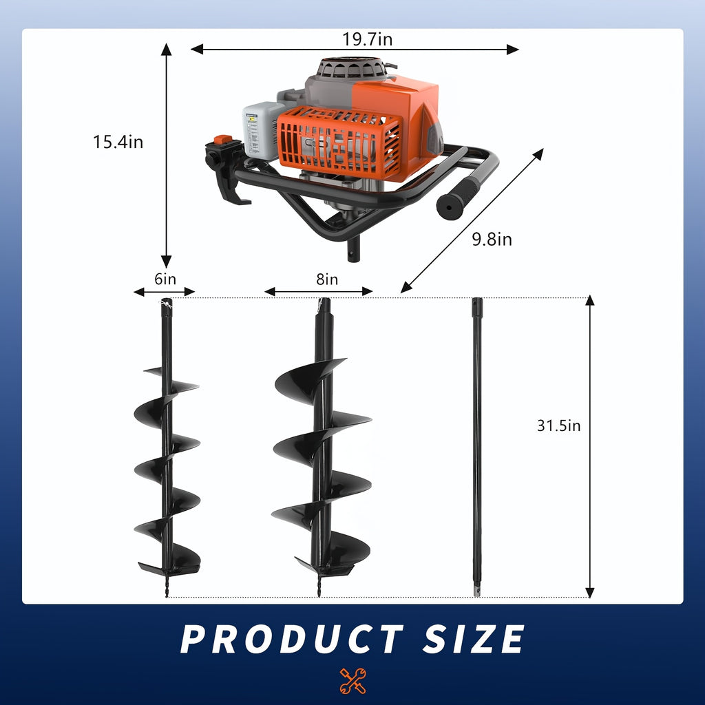 72.8cc 2-Stroke Auger Post Hole Digger | Gas Powered Earth Auger with 2 Extension Rods & 6" & 8" Auger Bits - Ideal for Fencing, Gardening, Construction - Heavy Duty Metal Digging Machine
