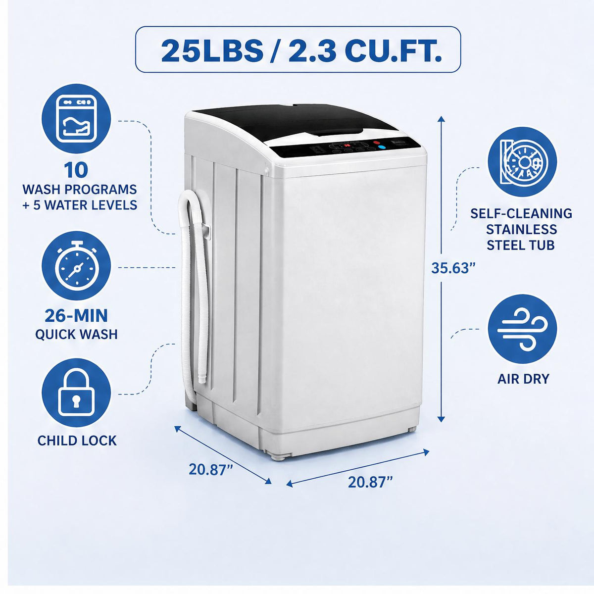 Full Automatic 2 in 1 Top Load Portable Washing Machine and Dryer Combo with Drain Pump 15.6/17.6/17.8/25Lbs Capacity 10 Wash Programs 8 Water Levels Compact Washer Dryer for Apartment RV Camping Small Living Space Travel Outdoor Home Use