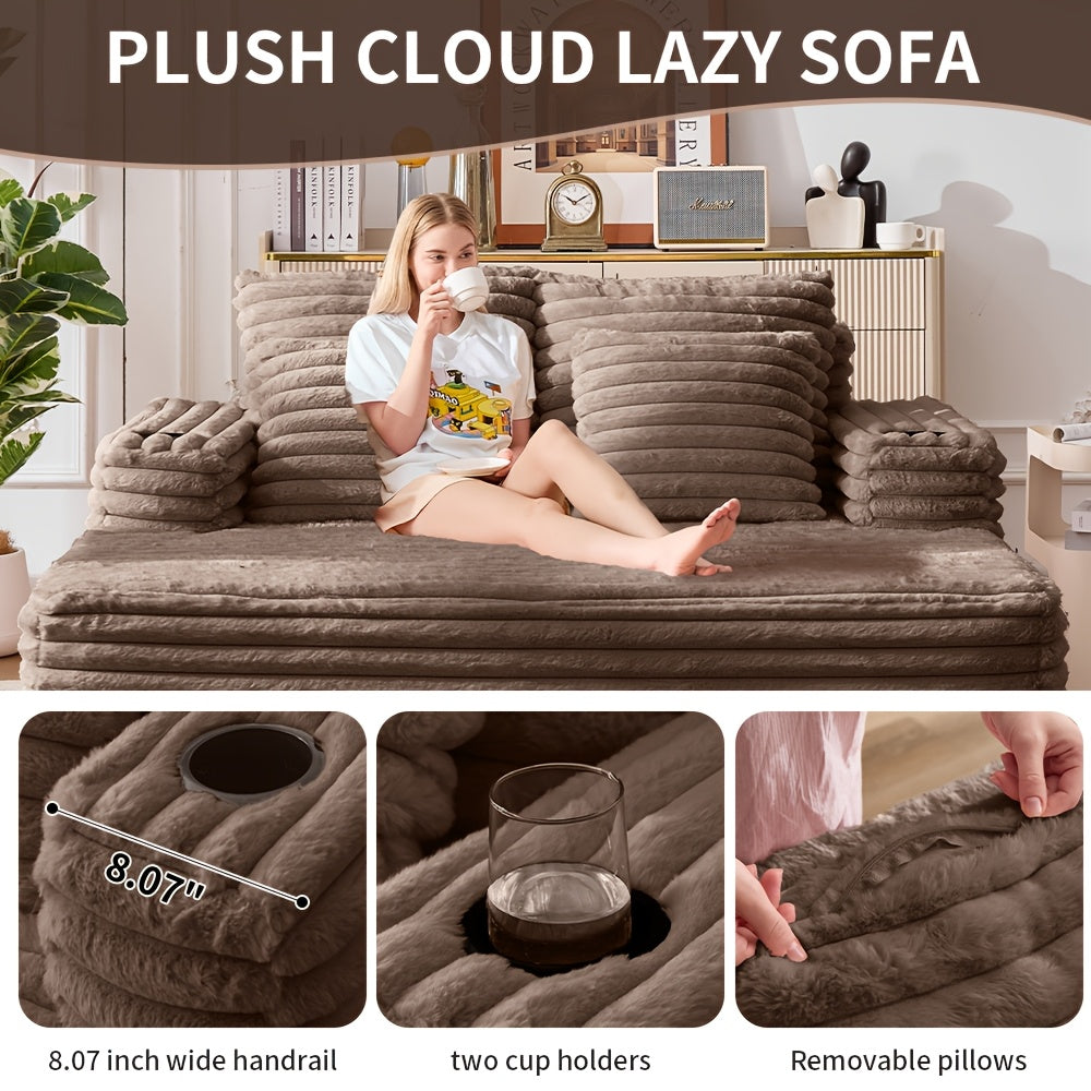 57" Oversized Frameless Floor Sofa, with Cup Holder, Plush Cushioned Lounger with Deep Seat for Living Room & Apartment