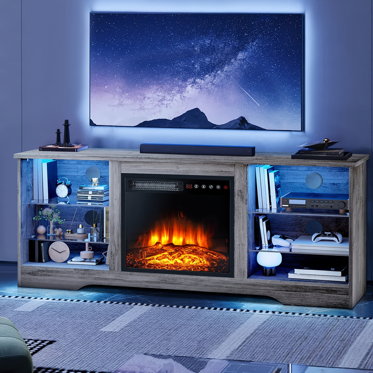 Fireplace TV Stand for TVs Up to 65 Inches Console with 18'' Electric Fireplace & Remote, Adjustable Glass Shelves & Storage Cabinets, Electric Fireplace with Heater, Hardwood/Engineered Wood Construction, Modern Entertainment Center for Living Room
