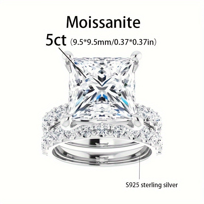 5.00 Carat Princess Cut Colorless Moissanite Engagement Ring Set, Wedding/Bridal Ring Set, Sterling Silver Vintage Anniversary Promise Ring Set Gift for Her