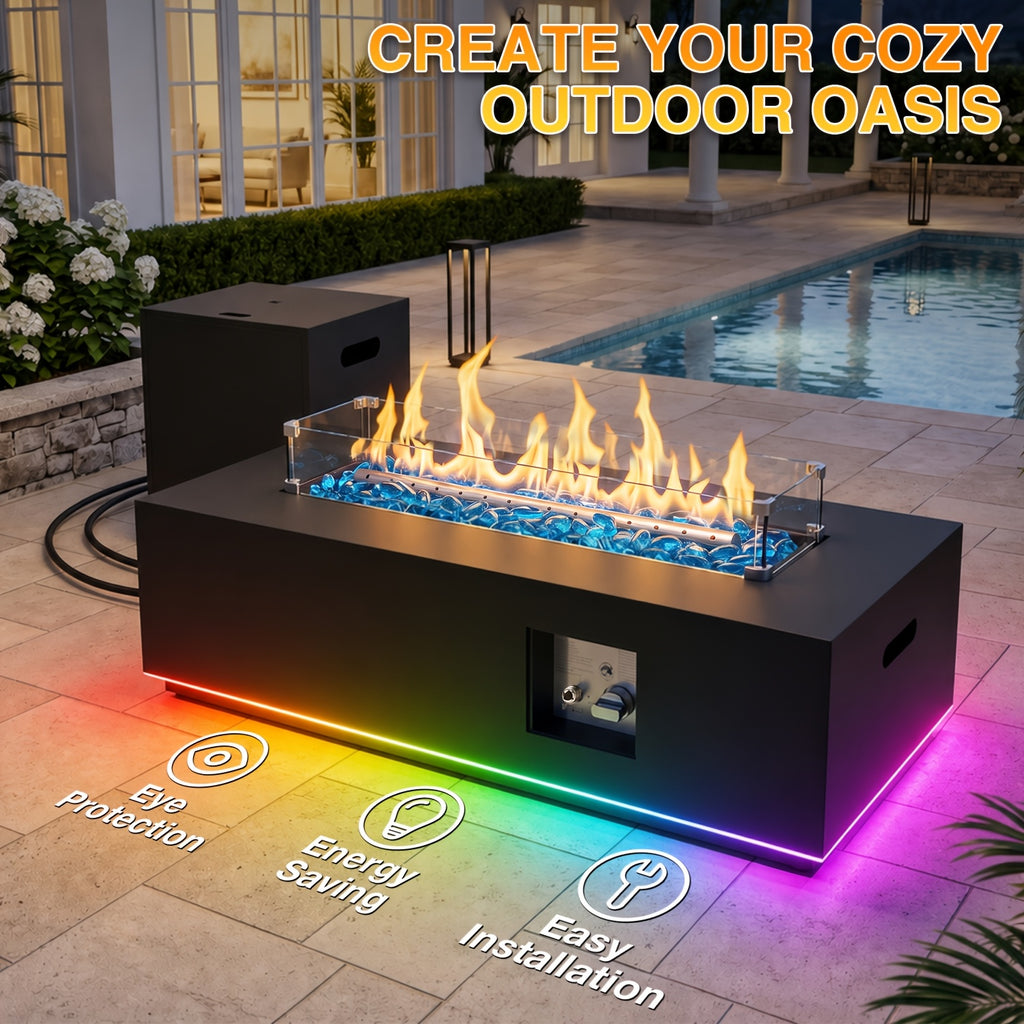 1pc 42 Inch Rectangular Propane Fire Pit Table 50, 000 BTU, Outdoor Gas Firepit With Lid, Blue Fire Glass & Glass Wind Guard, RGB/Warming Light, Includes Rain Cover For Patio, Backyard Deck (Black/Grey/Light Grey)