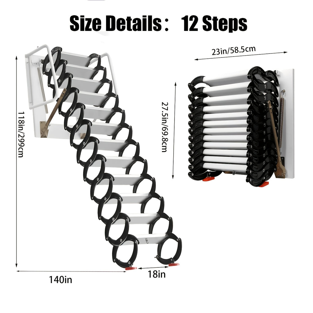 10ft Wall-Mounted Space Saving Attic Stairs, Black & White Titanium-Magnesium Alloy Construction, Supports Up to 880 Lbs, Ideal for Attics, Garages, Basements, Warehouses & Retail Stores