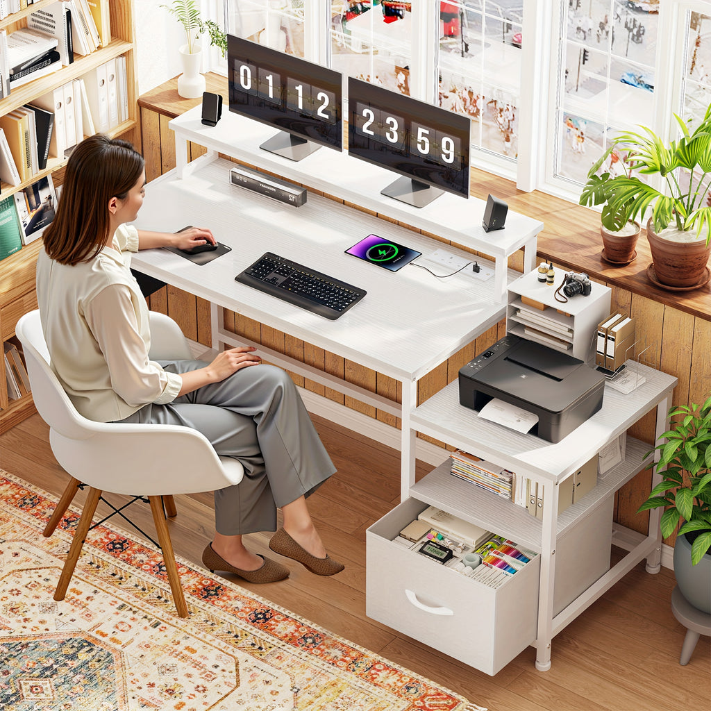 EnHomee 57" Computer Desk With Drawers And Printer Space, Office Desk With Power Outlets, Home Office Desks With File Drawers Cabinet, Study Writing And Gaming Desk With Shelves Monitor Stand