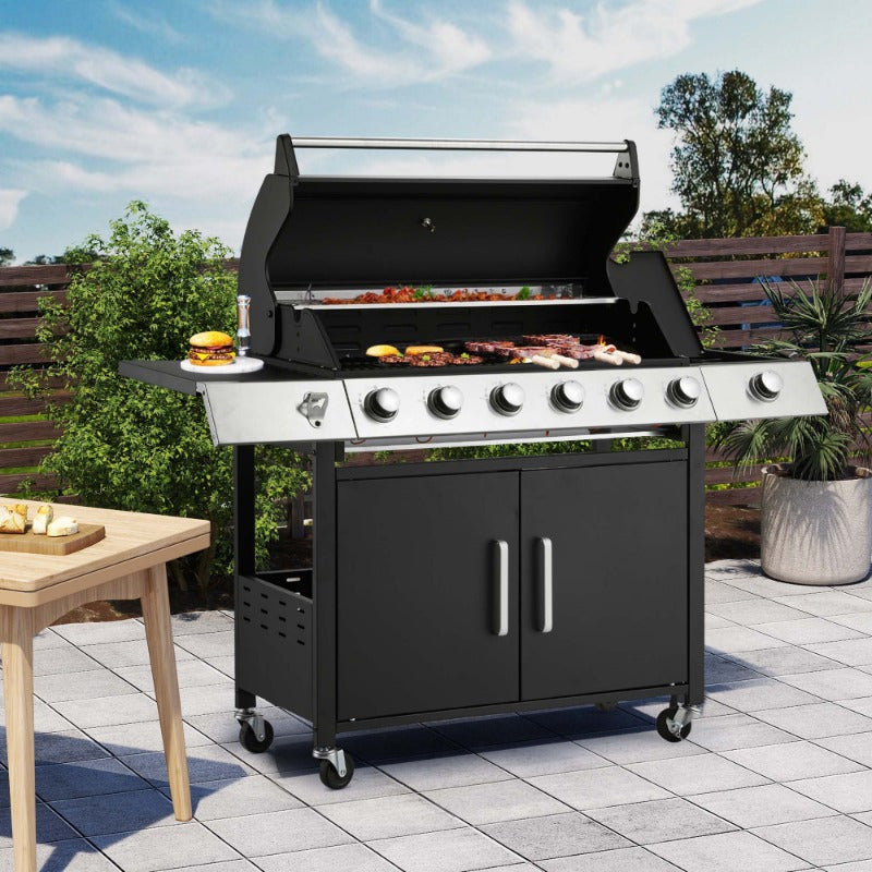 Grill with Side Burner & Cast Iron Grates, Lockable  Wheels, Barbecue Grill with 395 Square Inches Large Cooking Area, Camping Grill for Barbeque and Outdoor Cooking, Black