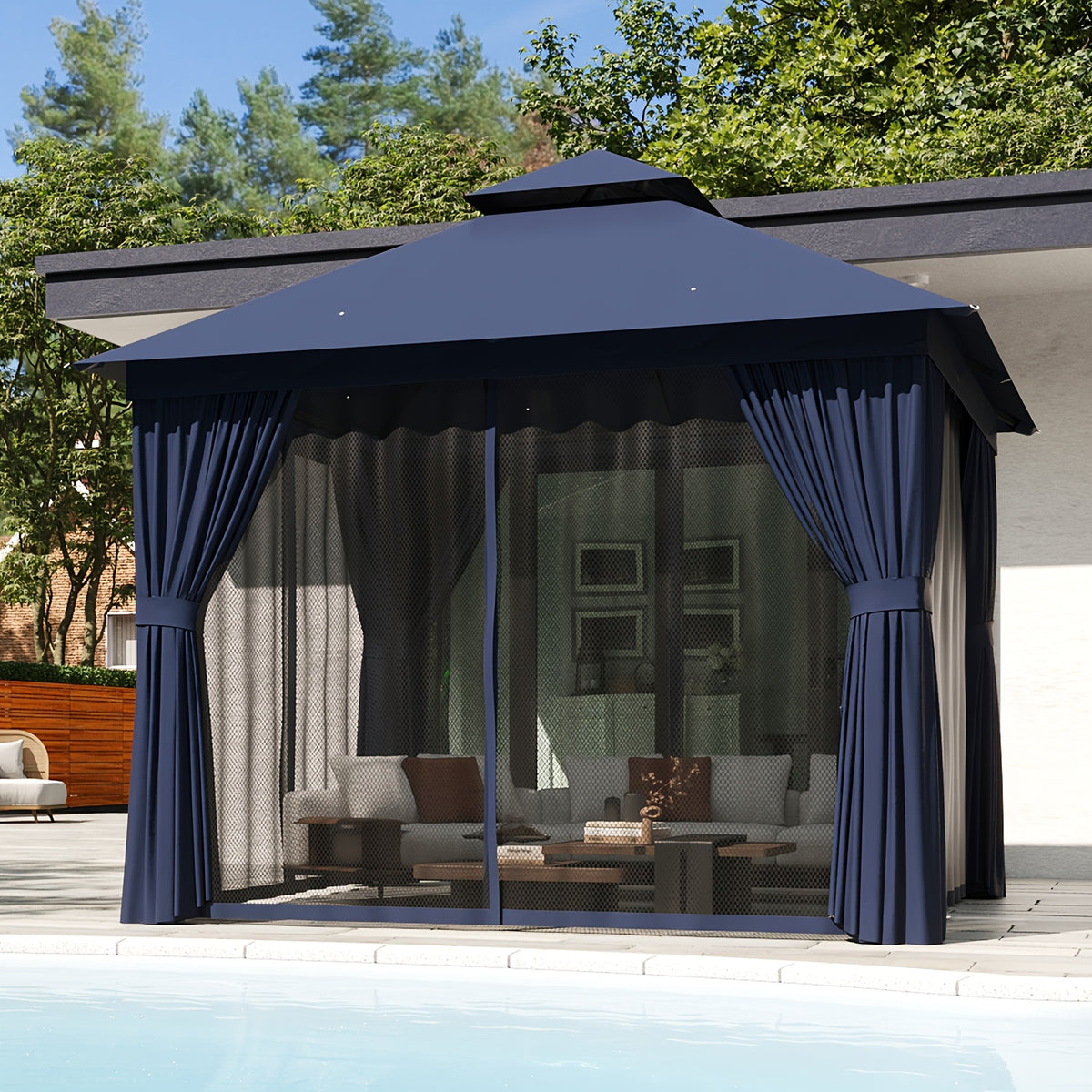 10'x12'/10'x10'/8'x8' Outdoor Gazebo & Pergola for Patio - Double Roof Steel Canopy with Mosquito Net And Privacy Screen, Heavy Duty Party Tent Shelter for Backyard, Lawn, Garden, All-Weather Gazebos with Patio Cover (Grey/Beige/Blue)