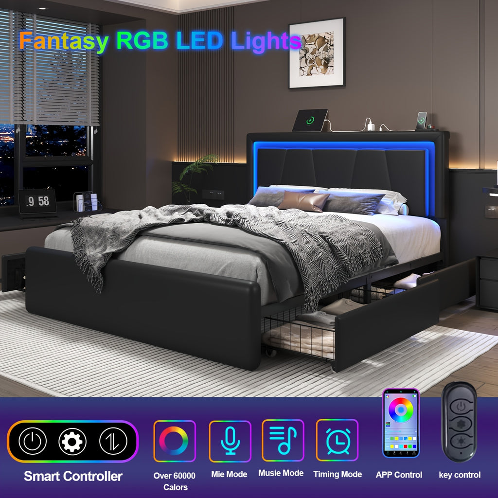 Upholstered Platform Bed Frame with 4 Storage Drawers, Twin/Full/Queen Size Bed Frame with LED Lights And Adjustable Headboard, Metal Slats Support, Charging Station, Easy Assembly, Noise Free, Black/White