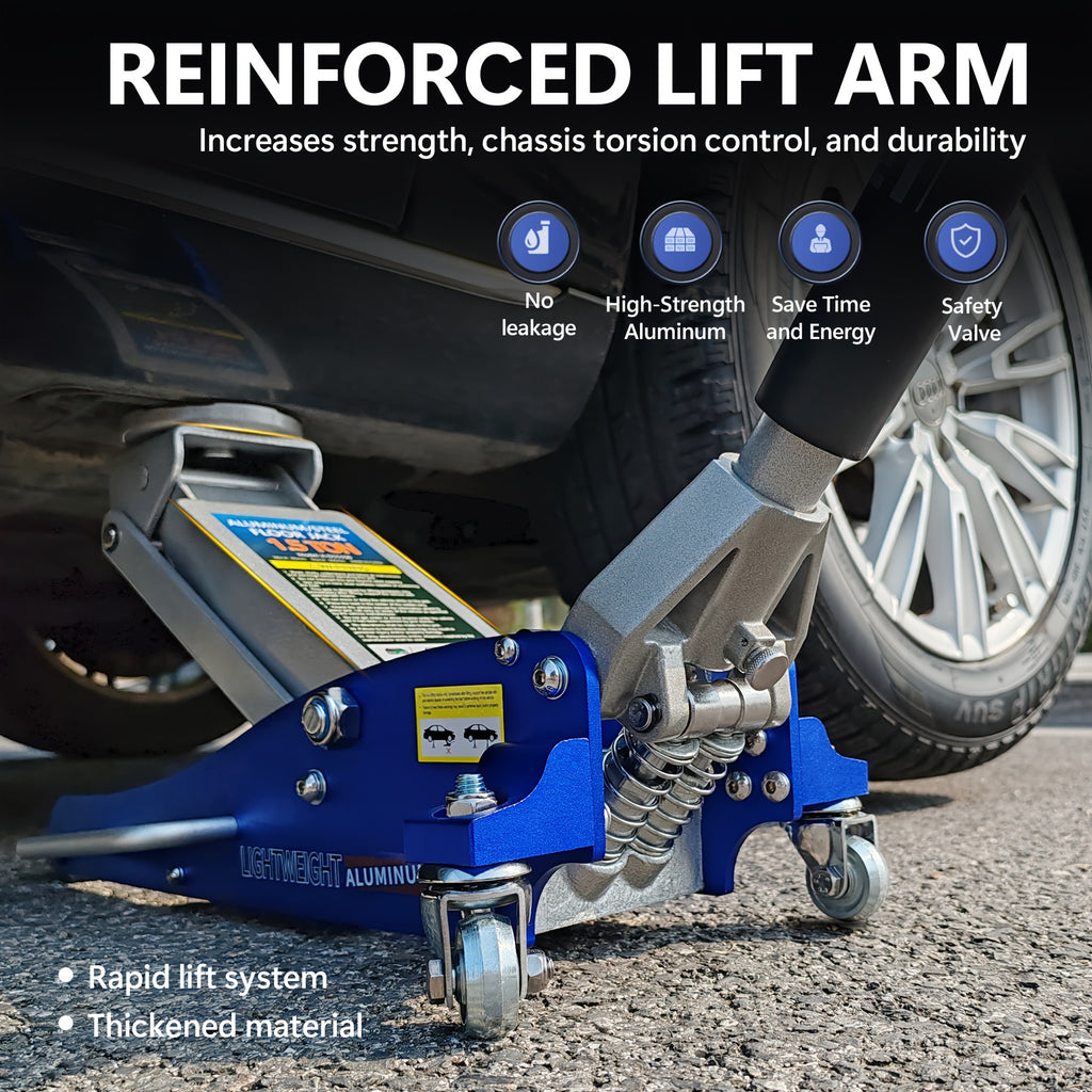 Hydraulic Low-Profile Racing Floor Jack Made of Aluminum And Steel, Featuring a Dual Piston Quick Lift Pump, Available in 1.5 Ton, 2.5 Ton, And 3 Ton Capacities