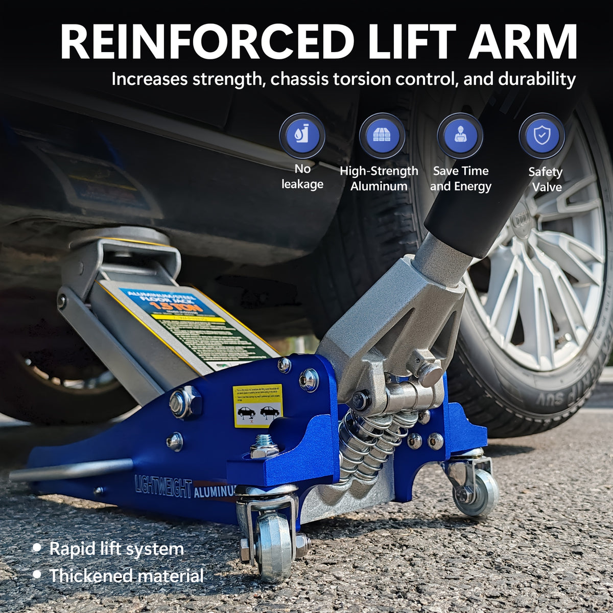 Hydraulic Low-Profile Racing Floor Jack Made of Aluminum And Steel, Featuring a Dual Piston Quick Lift Pump, Available in 1.5 Ton, 2.5 Ton, And 3 Ton Capacities