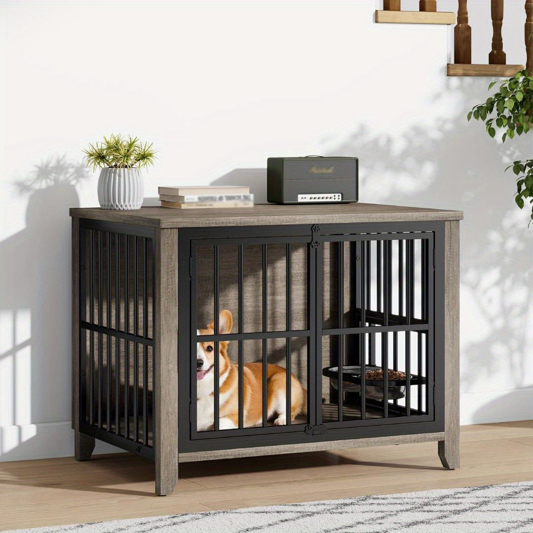 75/36/30in Furniture-Style Dog Crate with 360° Rotating Bowls, Adjustable Height, Safe Lock, Easy to Clean, Available In Gray/Brown, M, L, XL Sizes for One Or Two Dogs, Ideal for Home, Living Room Or Bedroom