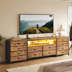 [12pcs] 63" Smart TV Stand With LED Lights & Power Outlets, For TVs Up To 75", 12-Drawer Fabric Dresser, Entertainment Center For Living Room, Bedroom, Hallway, Brown