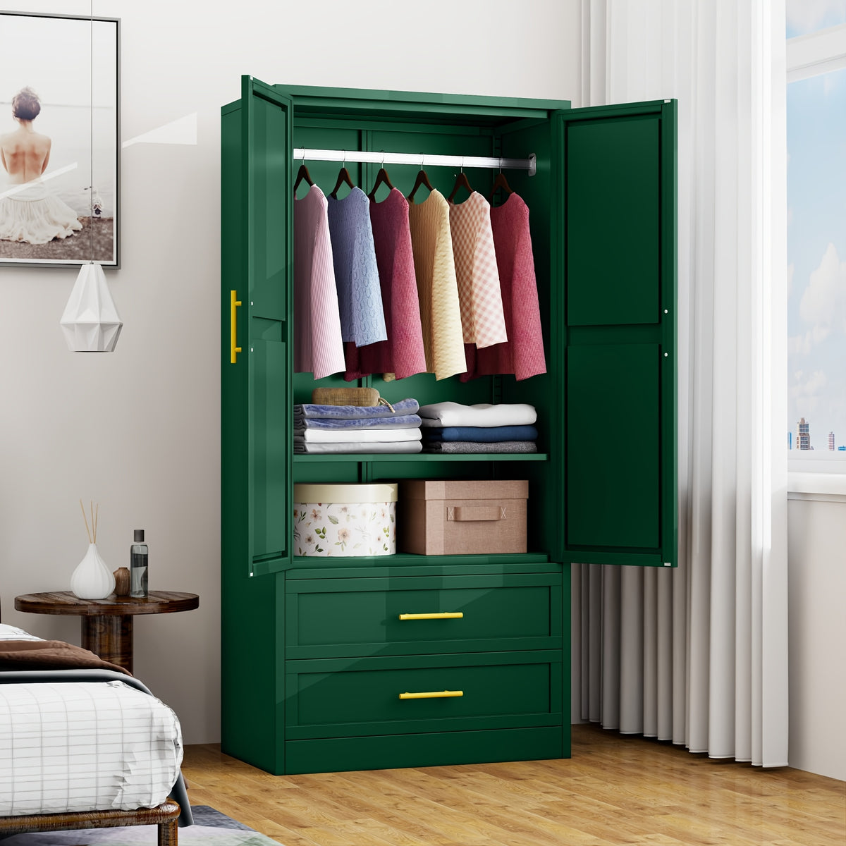 Mxa 71.39 "H metal storage cabinet with armrests, 2 drawers, adjustable shelves, clothesline, and home wardrobe