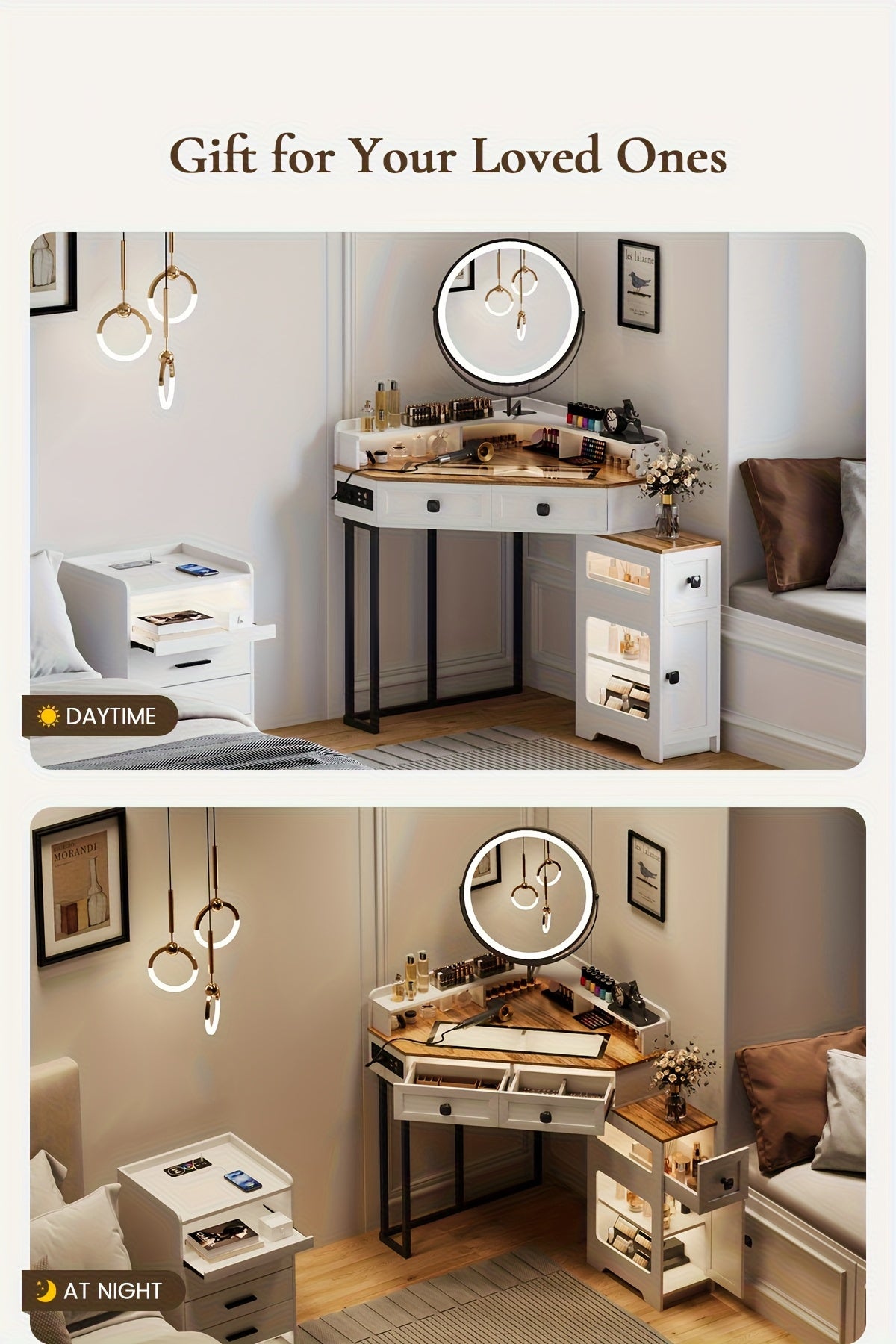 Dystler Corner Vanity With Mirror And Lights, Modern Makeup Vanity Set With Charging Station For Bedroom/Cloakroom, Glass Top Vanity Table With Drawers And Shelves, White