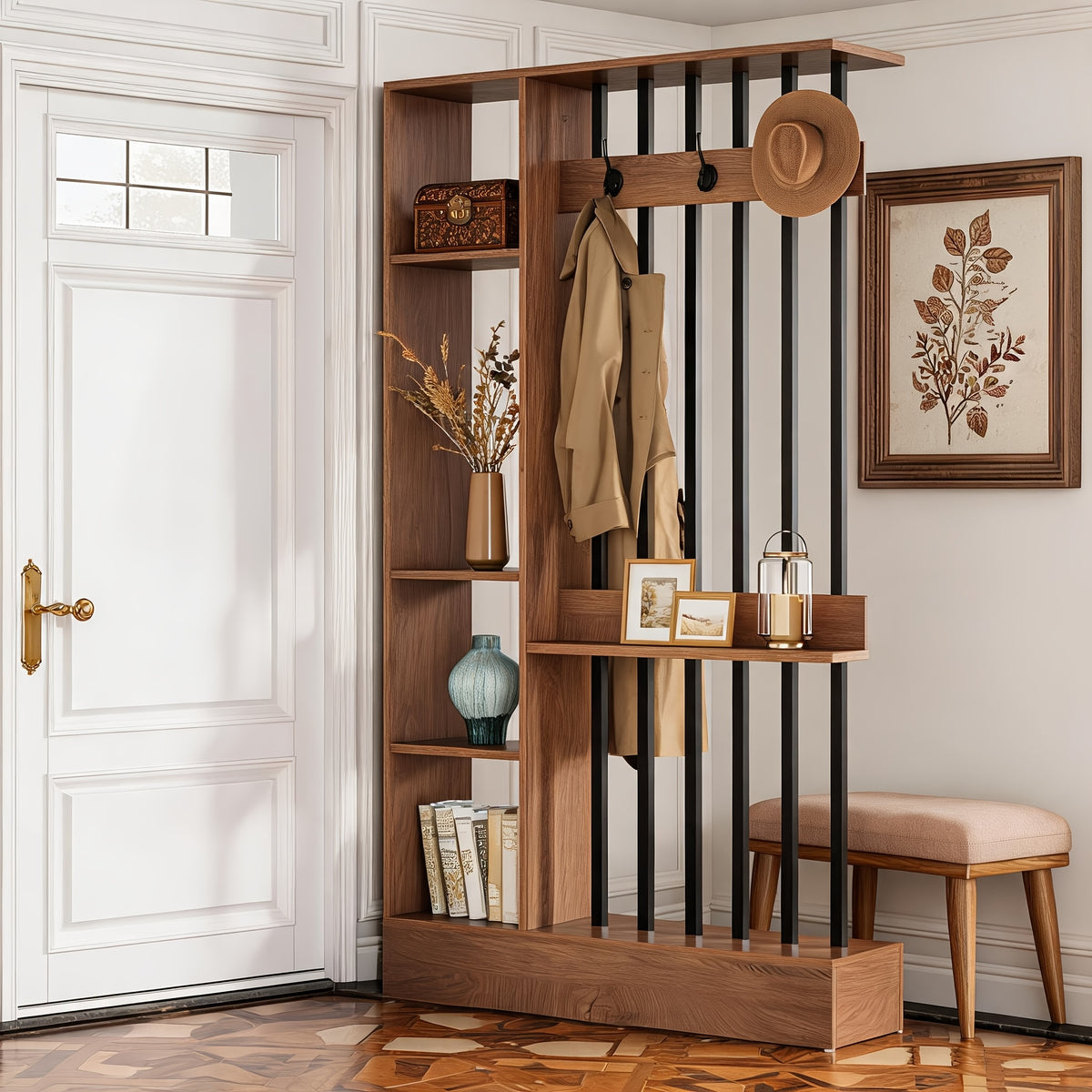 71' Wood Freestanding Room Divider, Wall Partition Bookcase with Shelves & Coat Hooks, Modern Decorative Screen for Home & Office, Brown