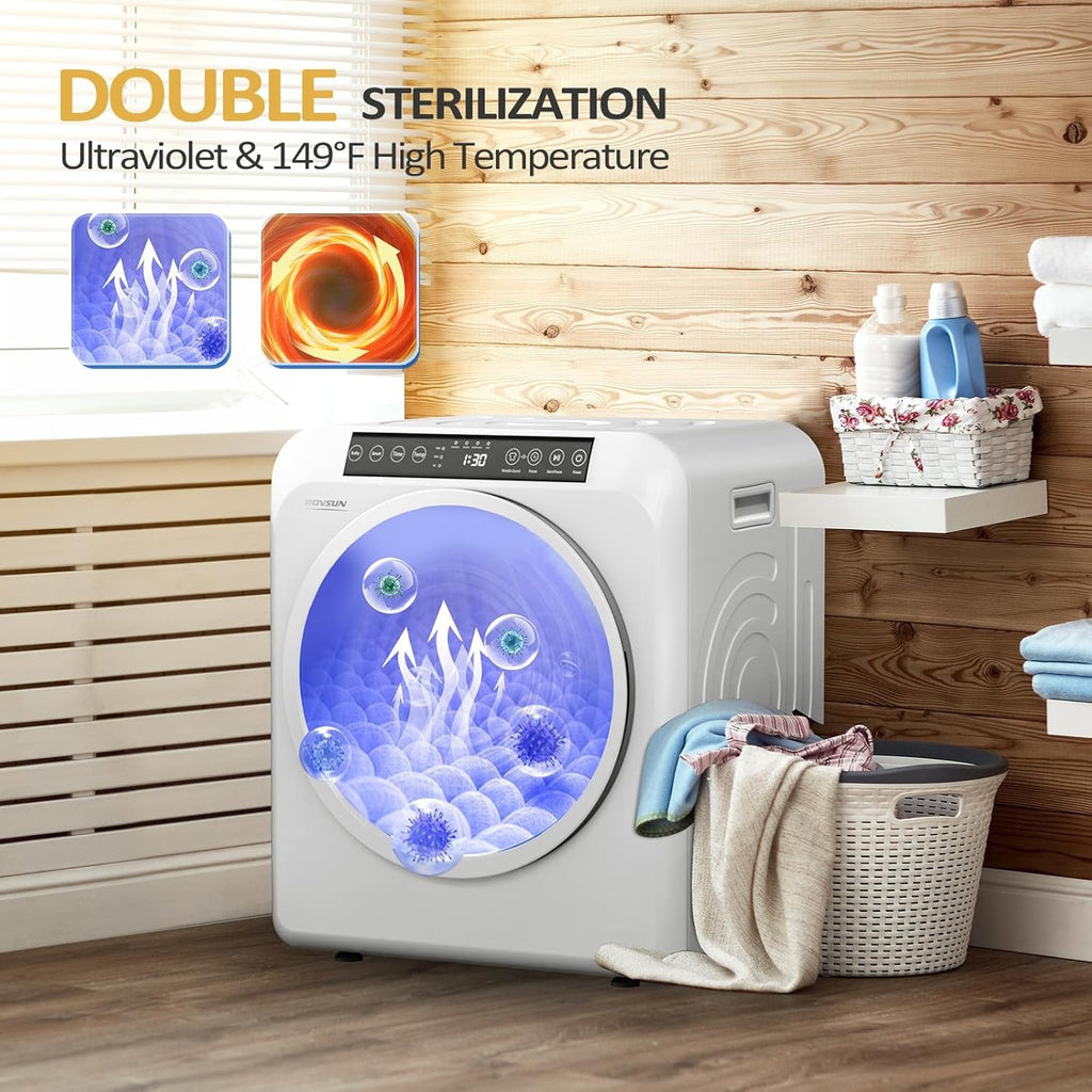 MEFEIR Compact Clothes Dryer - 3.5 Cu.Ft Portable Laundry w/ LCD Touch Controls, Stainless Steel Drum, 13.2Lb Capacity for Apartments & Dorms, 110V Classic White w/ Wheels