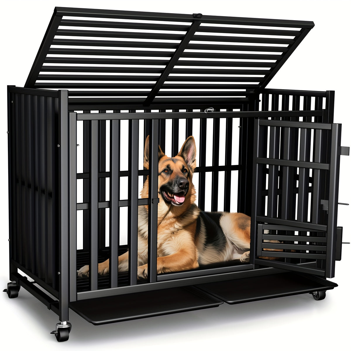 Extra Large Heavy Duty Dog Cage, 43.2 Inch - Indestructible Metal Kennel, Escape-Proof, with Lockable Wheels And Triple Doors, Ideal for High-Anxiety Pets, Indoor/Outdoor Use, High-Anxiety Pet Cage