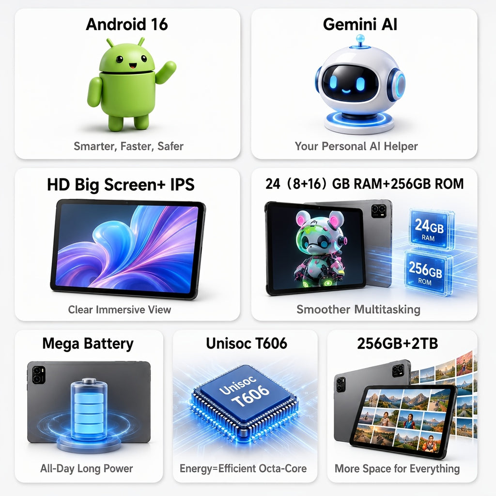 TABWEE T20 Android 16 New 2026 Tablet, HD IPS Large Screen, Unisoc Octa-Core High-Performance CPU, 24(8+16)GB RAM + 256(2TB Expand), 8MP+5MP Dual Cameras, Support Long Battery Life, Face Unlock, Widevine L1, Gemini Ai, And 90Hz High Refresh Rate