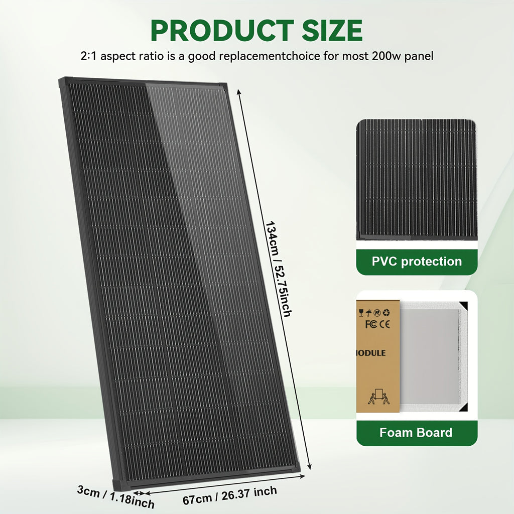 400W Solar Panel with Black Backsheet, 2pcs 200W High-Efficiency Monocrystalline Photovoltaic Panel, 18V N-Type Monocrystalline, 18BB, A+ Grade Cells, 25.5% High Conversion Efficiency, Suitable for Residential Roofs, Farms, RVs, And Off-Grid Systems