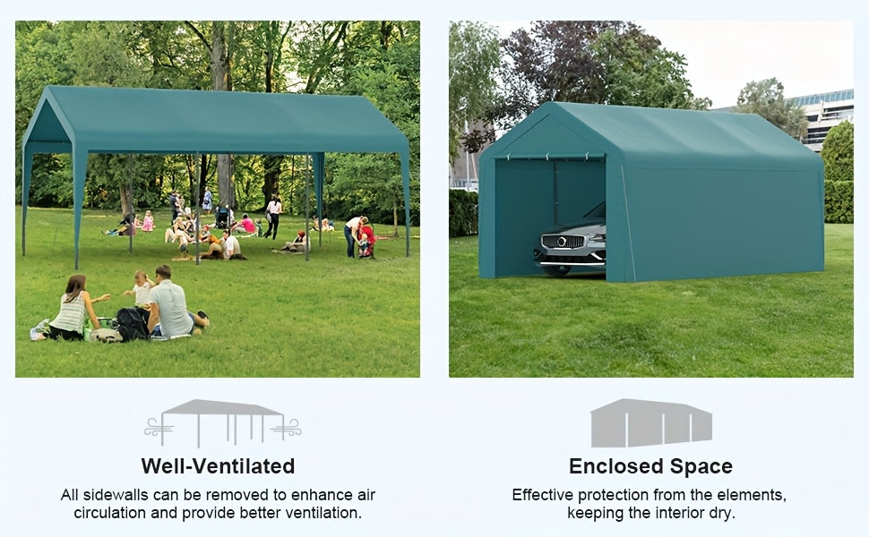 Carport 10X20 Ft Canopy Steel Canopy Storage Shed, Portable Garage Party Tent, Portable Garage with Removable Sidewalls And Doors All-Season Tarp for Carport, Parties, Weddings