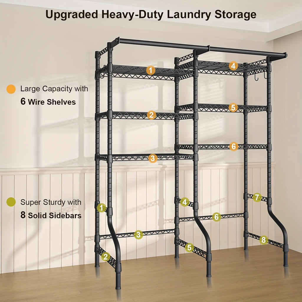 Heavy-Duty 6-Tier Freestanding Laundry Shelf Over Washer Dryer | Extra Wide Storage Organizer | 6 Adjustable Shelves + 2 Hanging Rods | 1200lbs Capacity | 57.8"W X 77.4"H, Black, Standing Shelf