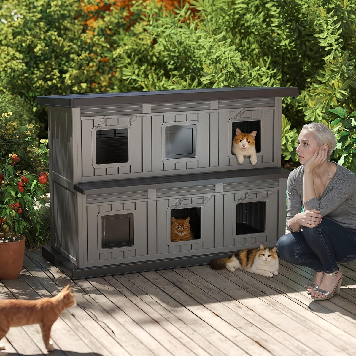 Double - Layer Stray Cat Apartment- with Two Floors And Multiple Small Windows, Large Space And Good Ventilation. for Stray Cats. Solid Structure, Gray - Black Color, Cozy Shelter for Stray Cats to Rest And Safe. Double Layer Cat House.