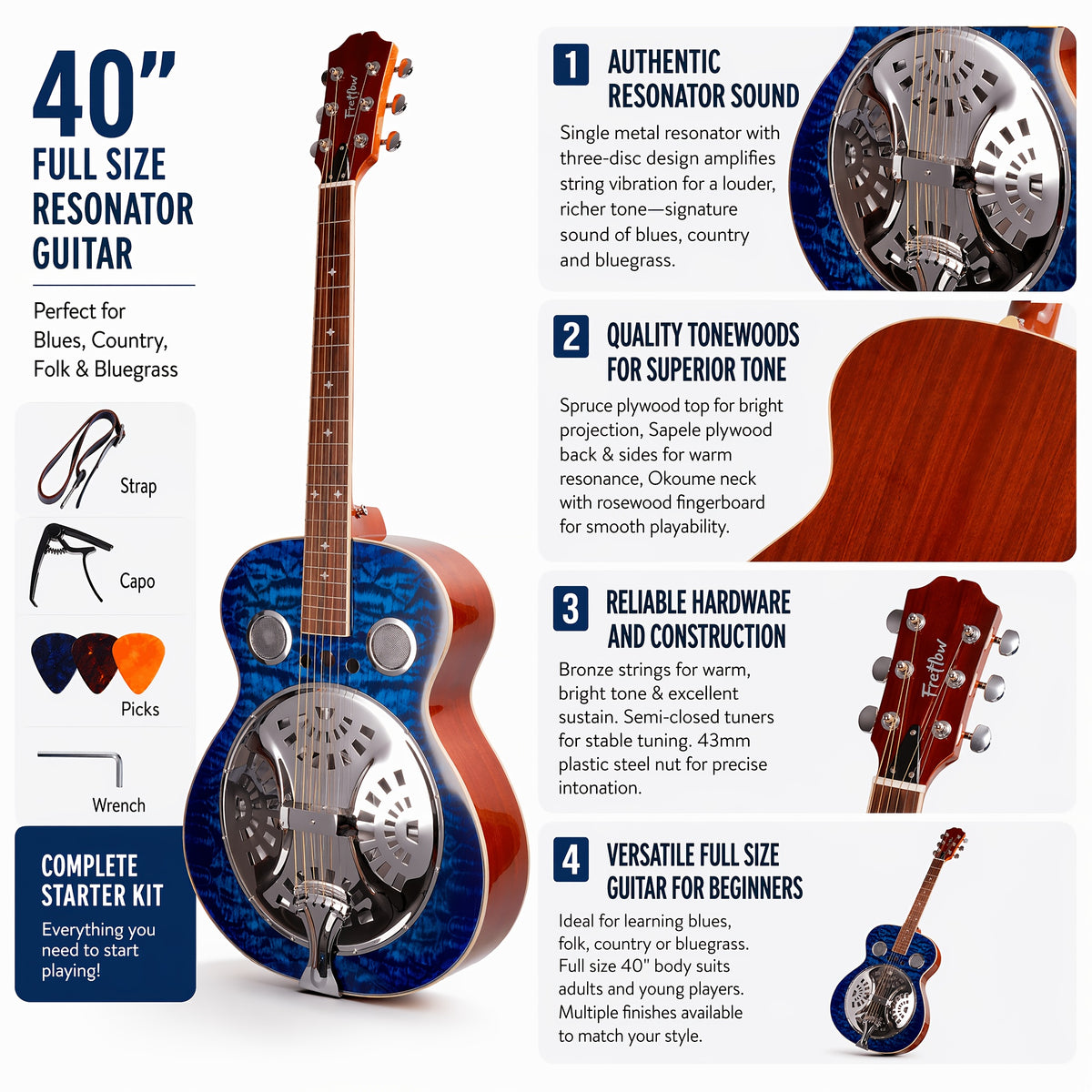 Acoustic Guitar Starter Kit 40 Inch Full Size Folk Spruce Top Sapele Sunburst Tiger Stripe Strap Capo Picks Wrench Beginner Musician Guitarist Fingerpicking Country Bluegrass Vintage Right Handed Holiday Gift Birthday Gift Instrument Clearance Deal