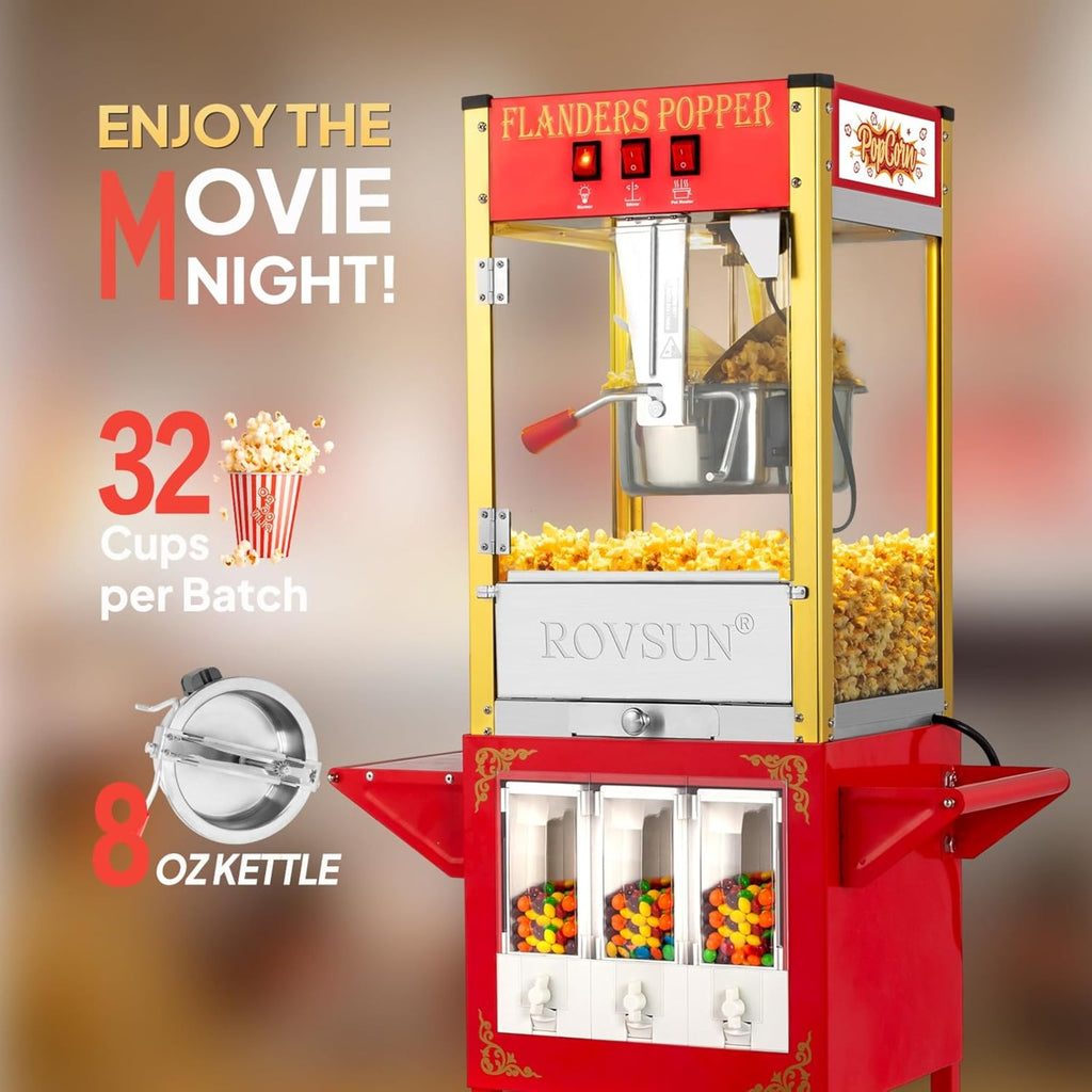 MEFEIR Popcorn Machine w/Cart, Wheels & 8 Oz Kettle Makes Up to 32 Cups ETL Certified, Popcorn Maker w/Candy Dispensers Stainless Steel Scoop, Oil Spoon & 3 Popcorn Cups for Commercial Home Theater