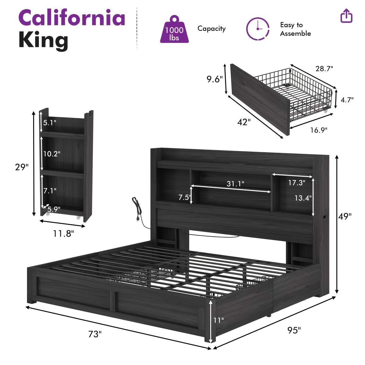 PAPABABE Bed Frame With 49.6 Inch Bookcase Headboard, 4 Drawers And 2 Detachable Storage Racks - Farmhouse Wood Bed Frame With RGB LED Lights And Charging Station, No Box Spring Needed