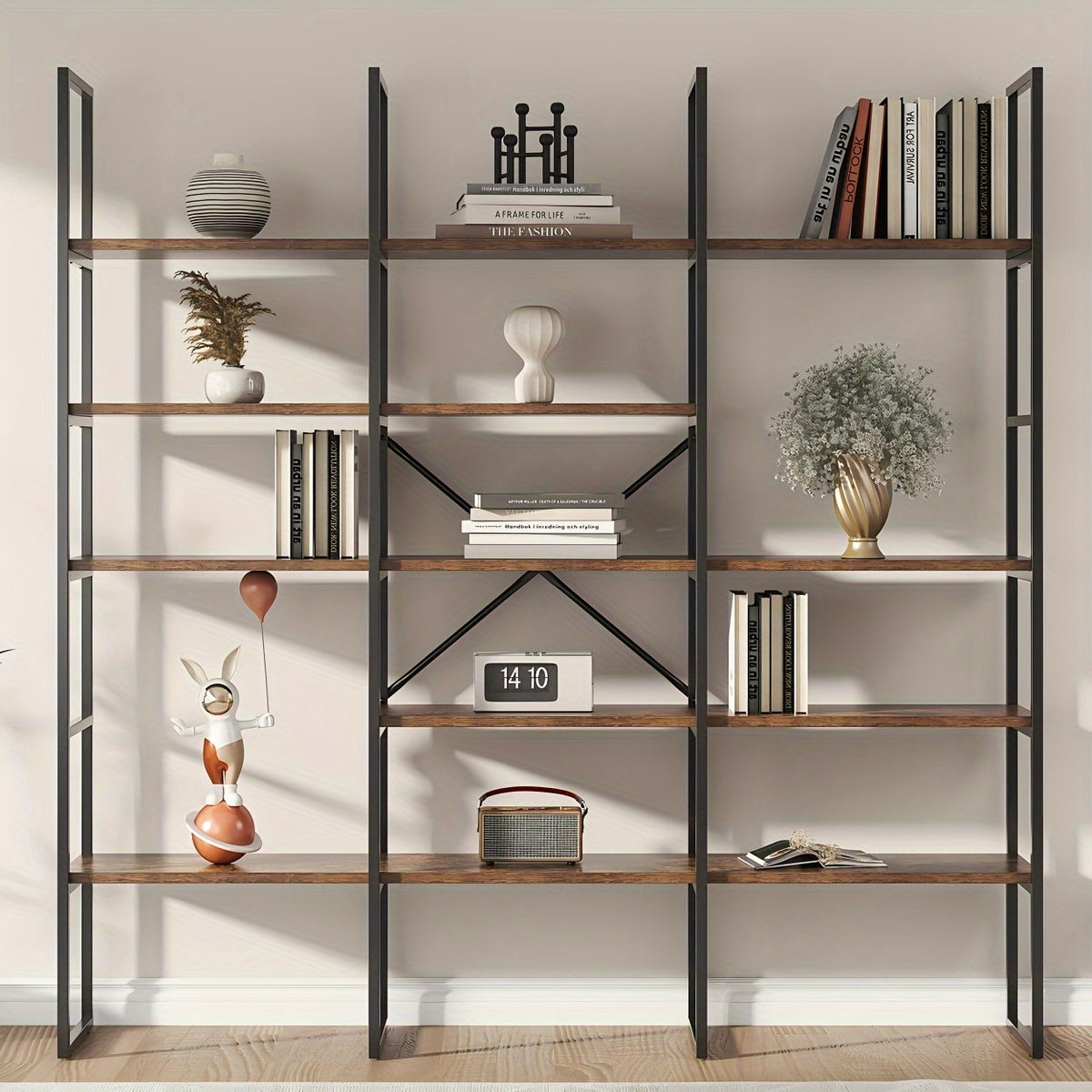 Triple 5 Tier Bookshelf, Rustic Industrial Style Bookcases with 13 Open Display Shelves, Modern Tall Bookcase Furniture for Living Room, Bedroom And Home Office, Vintage