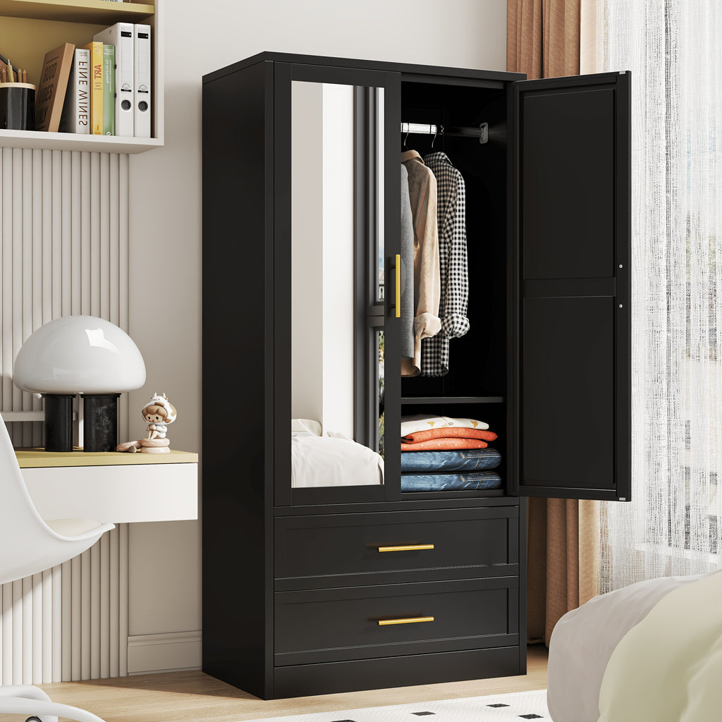 71 Inch Metal Wardrobe with Mirror, 2 Drawers, Adjustable Shelves And Hangers, Clothing Storage Cabinet for Bedroom