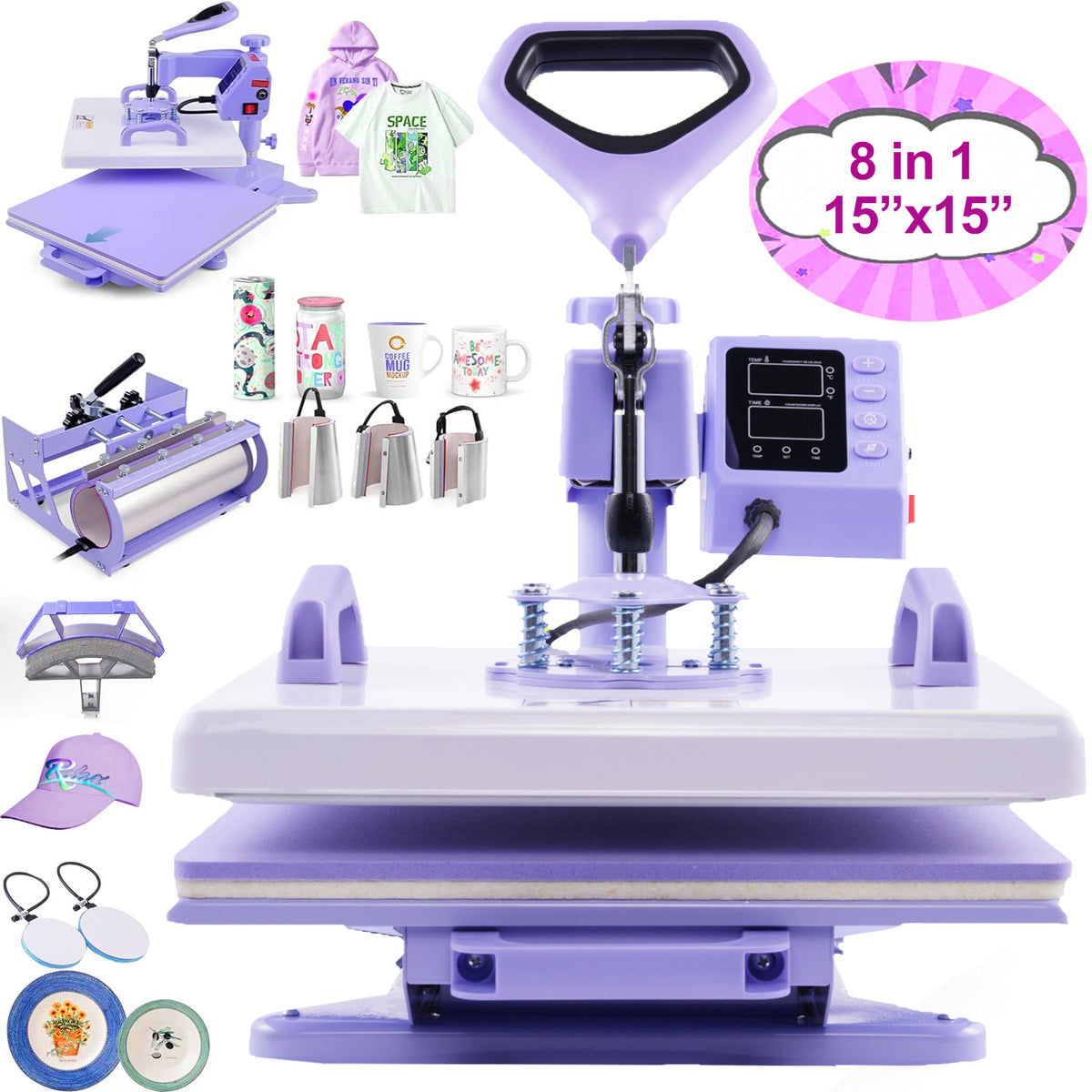 Heat Press Machine 15 x 15 Inch by HOMDOX — 5-in-1 or 8-in-1 Swing-Away Combo for Shirts and Tumblers